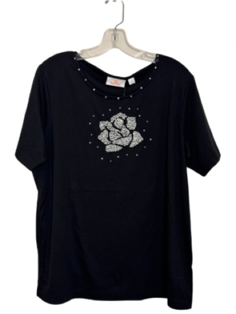 Quaker Factory NWT Black Short Sleeve Beaded Flower Short Sleeve Top Size Large
